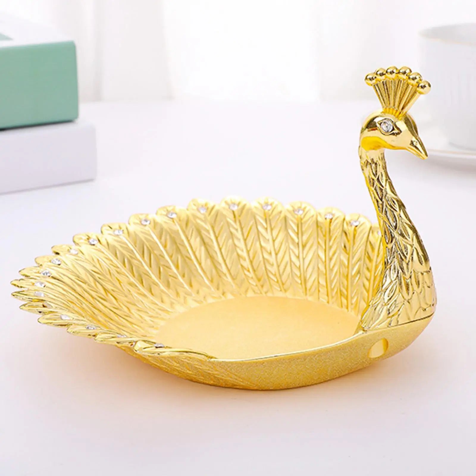 Pretty Gold Peacock Fruit Plate Luxury Zinc Alloy Tray Delicate Storage Plate for Candy Trinket Jewelry Snack Serving Home Decor