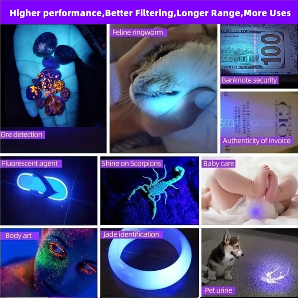 200W 365nm UV Blacklight Rechargeable Flashlight
