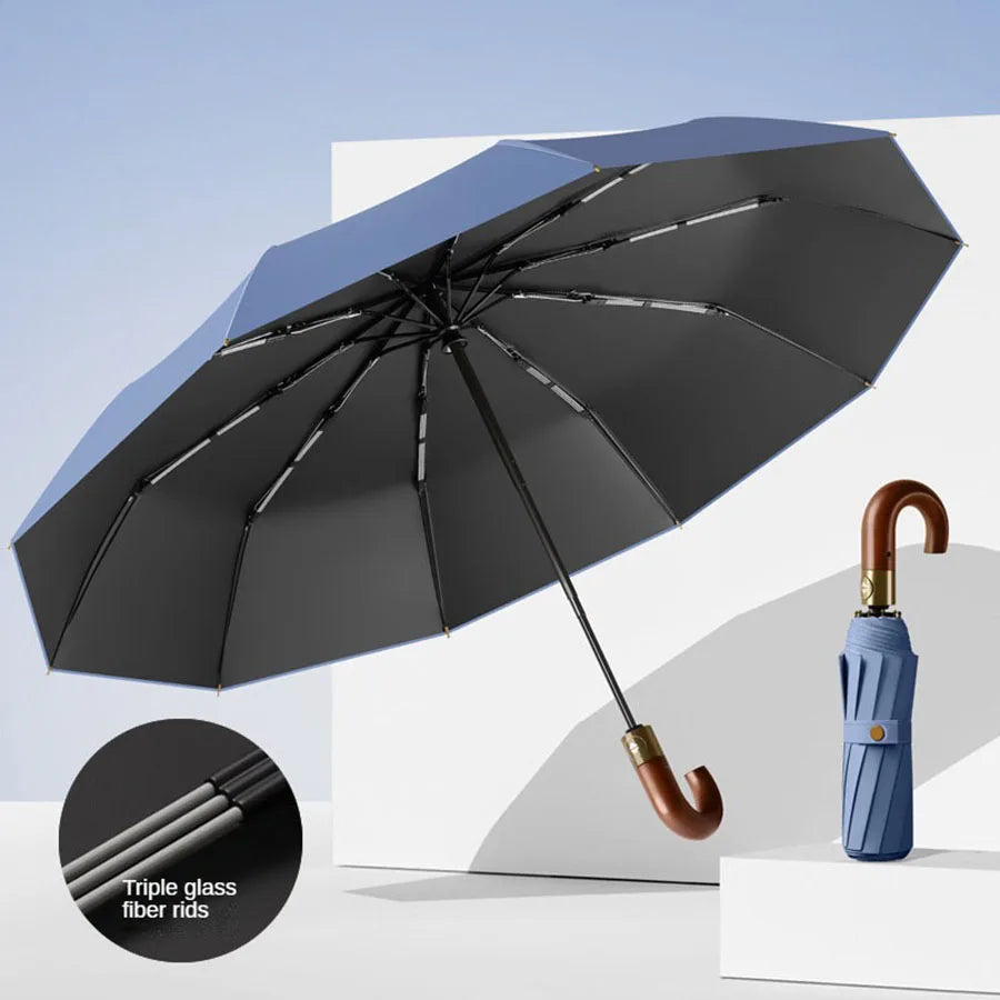 Windproof UV protection casual folding UPF50+automatic umbrella handle curved handle design, stylish design compact sun and rain