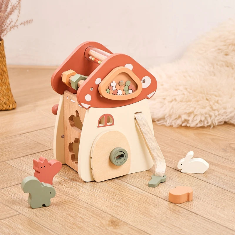 Wooden Building Block For Babies Music Percussion Game Newborn Education Mushroom House 5 in 1 Cartoon Animal Shape Matching Toy