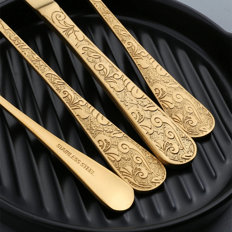 24pcs Golden Spoon Knife Fork Set Luxury Stainless Steel Tableware Set High-end Retro Complete Cutlery for 6 People Home Decor