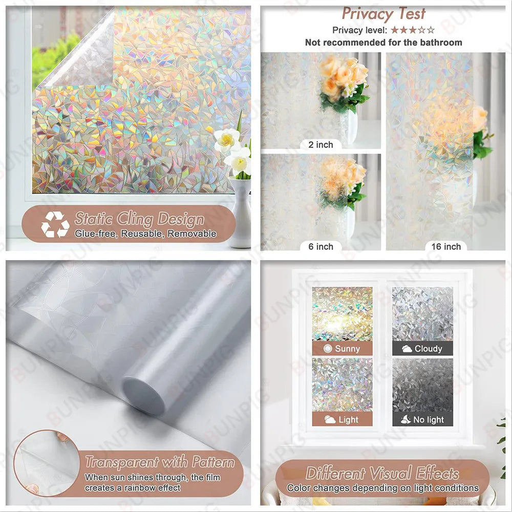 Window Privacy Film Rainbow Window Clings 3D Decorative Window Vinyl Stained Glass Window Decals, Static Cling Window Sticker