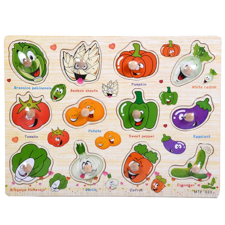 Montessori Wooden Puzzles Hand Grab Boards Toys Tangram Jigsaw  Educational Toys Cartoon Vehicle Animals Fruits 3D Puzzles