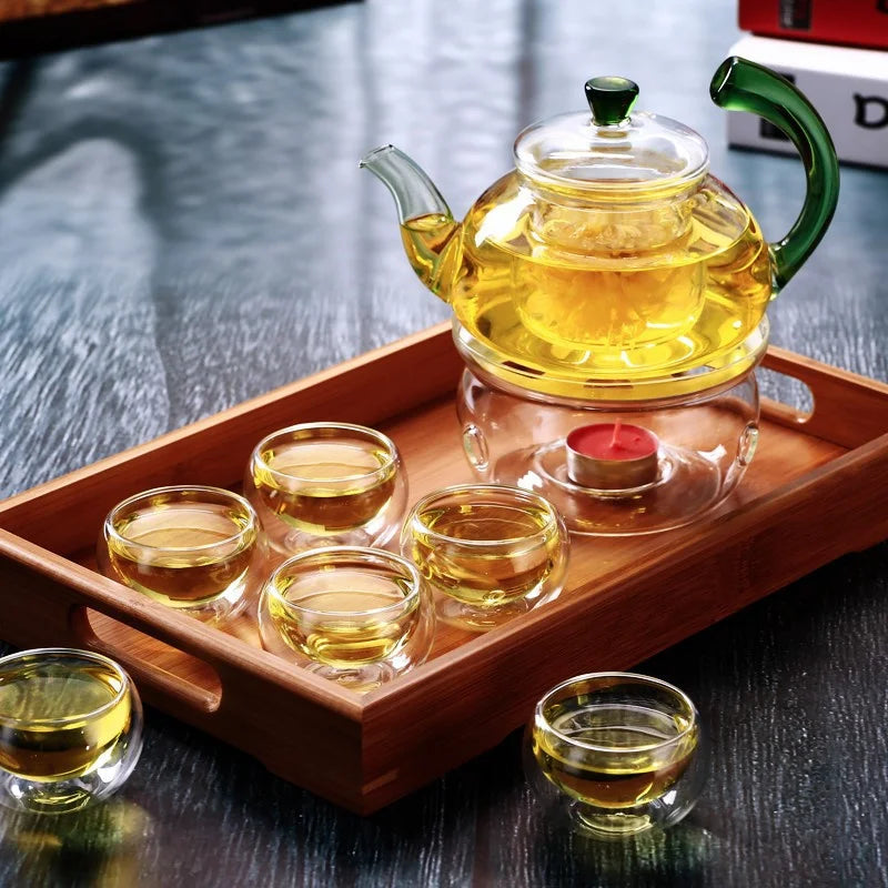 Heat Resistant Clear Glass Teapot with Infuser and Color Warped Handle