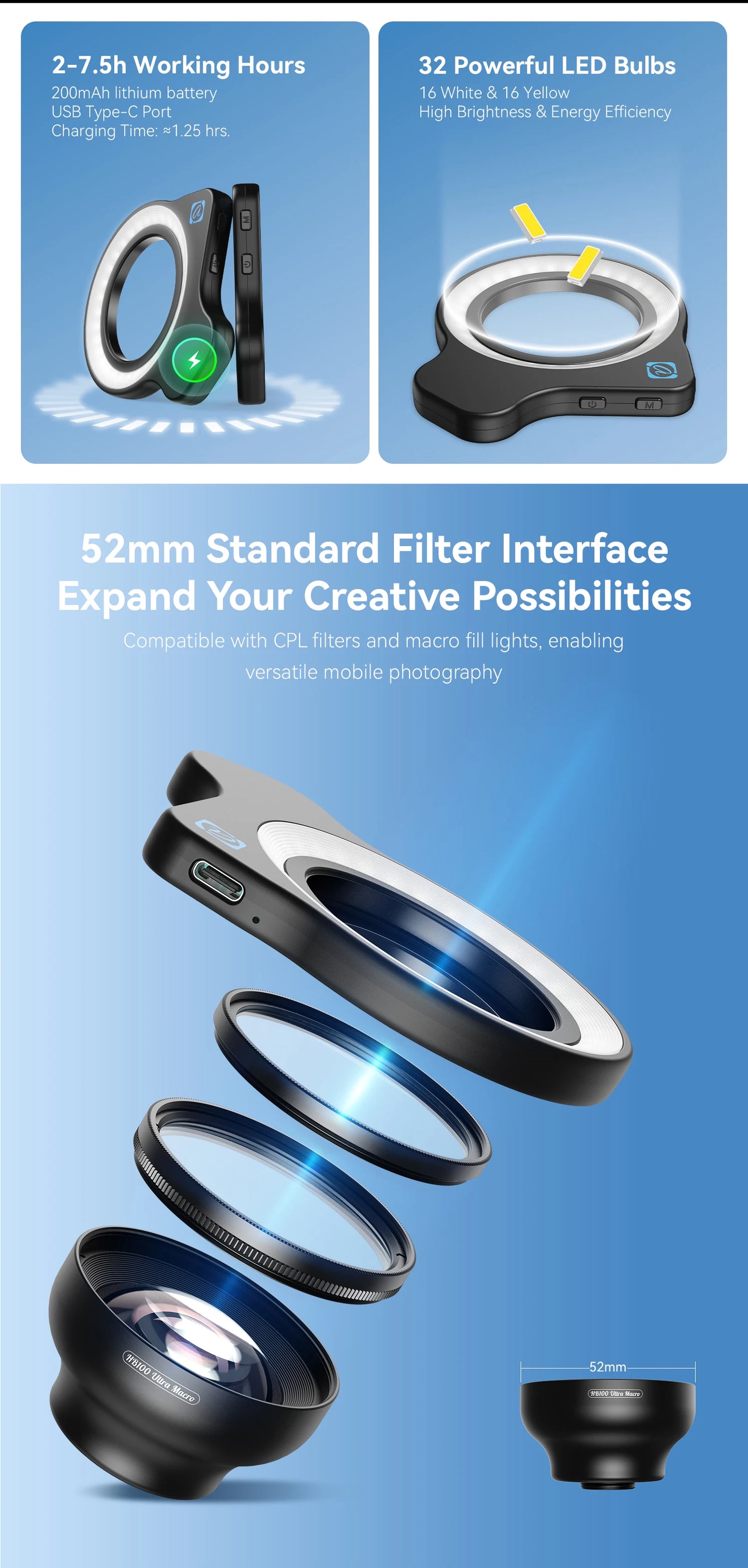100mm Ultra Macro Phone Lens with LED Fill Light