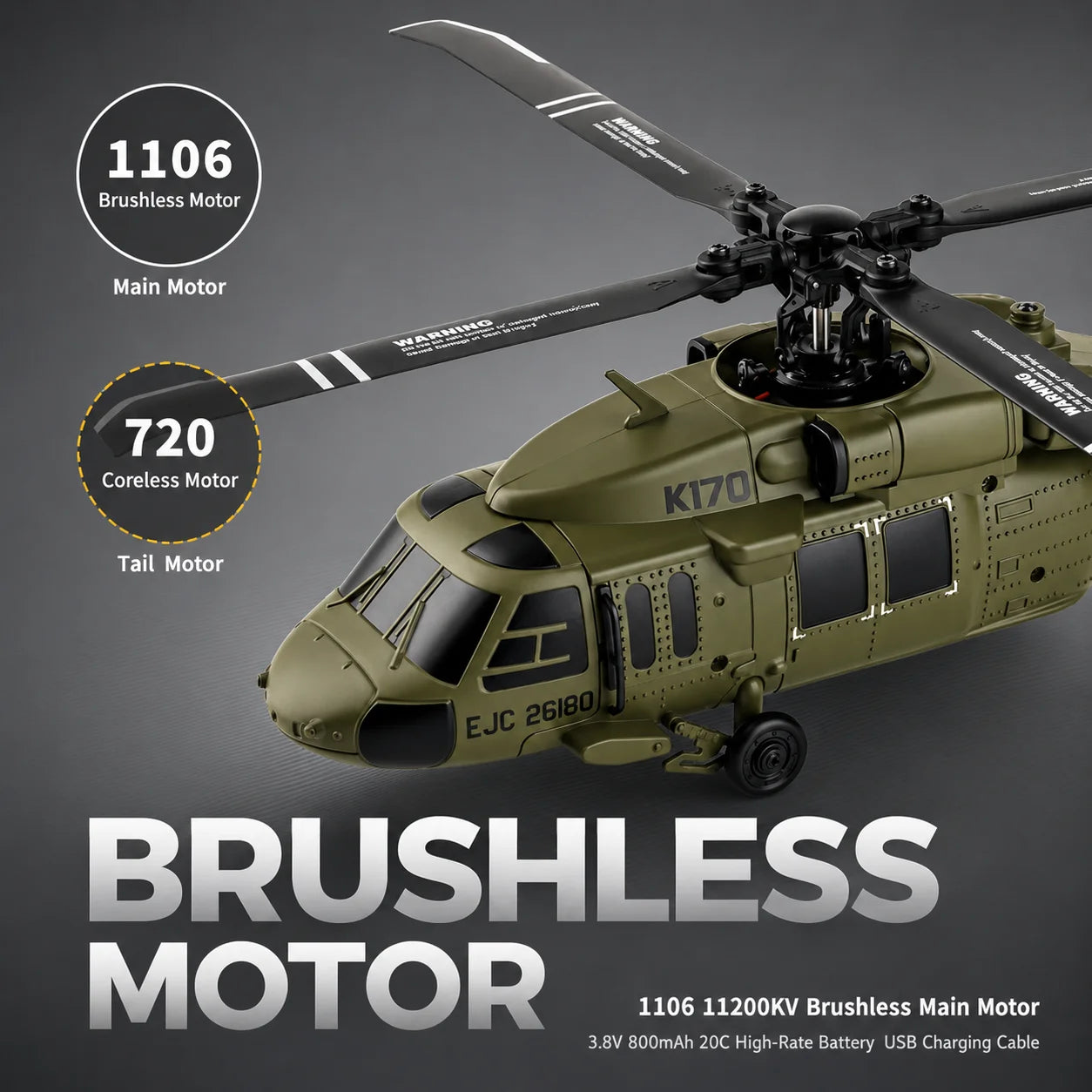 Realistic Four Channel Remote Control Military Helicopter With Brushless Motor