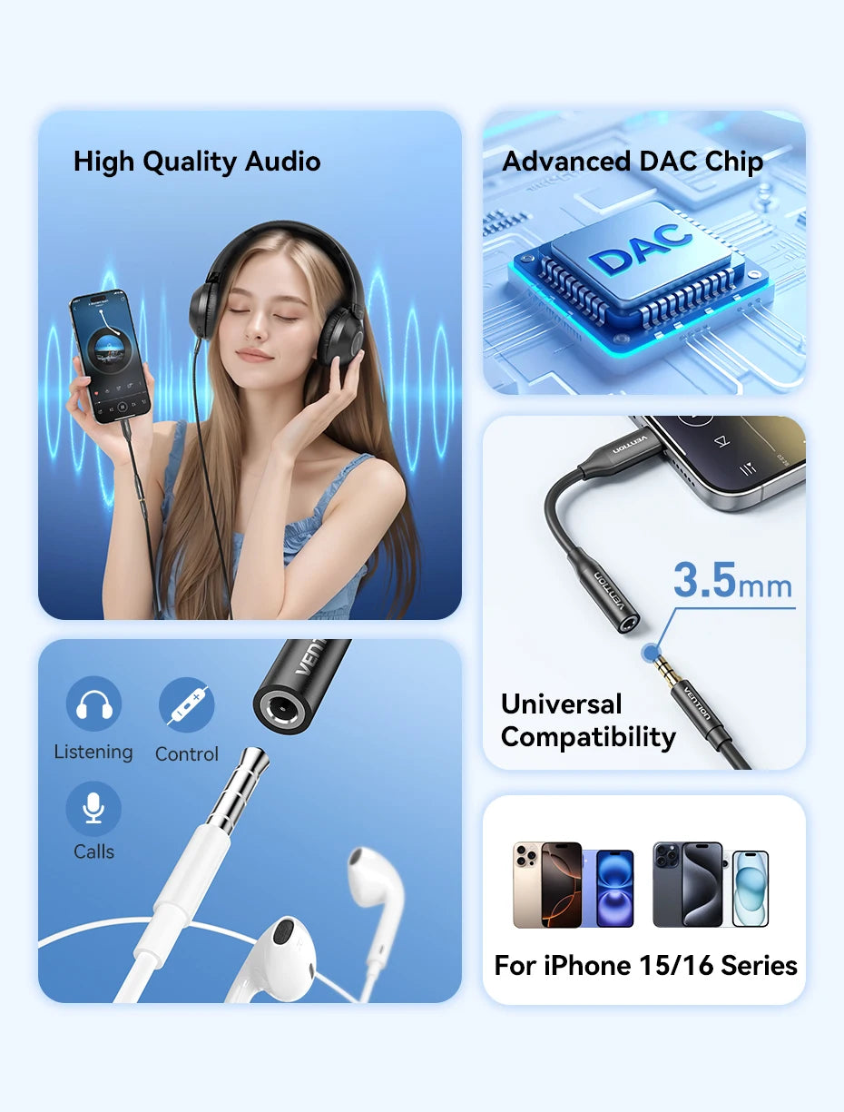 DAC USB Type C to 3.5mm Earphone Jack Audio Headphone Adapter for Samsung Galaxy S24 iPhone 16 USB C to 3.5mm Splitter