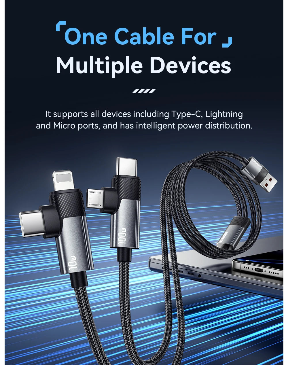2-in-1 100W Fast Charging Multi Cable (Type-C / Micro / Lightning)