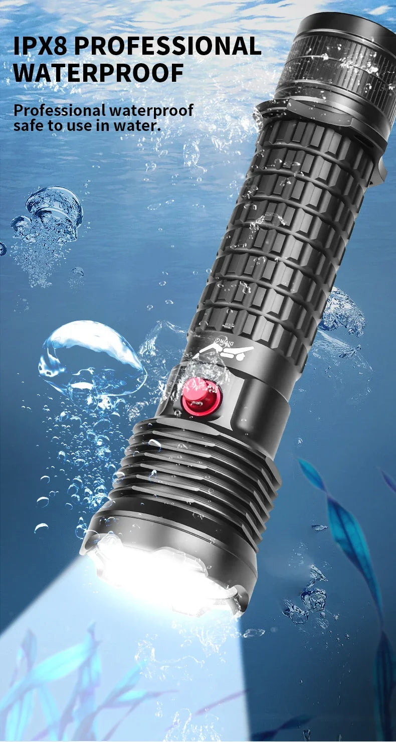 Rechargeable Diving Flashlight IPX8 Waterproof Underwater LED Torch Strong Light Dive Lamp