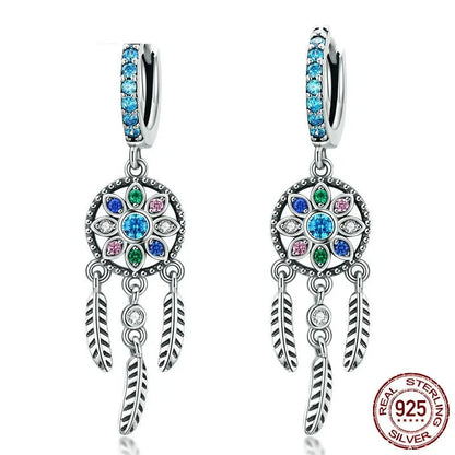 Dreamcatcher Multi Color CZ Drop Dangle Earrings Women 925 Sterling Silver 18K Gold Tassel Hoop Earring