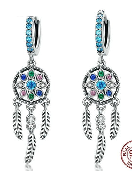 Dreamcatcher Multi Color CZ Drop Dangle Earrings Women 925 Sterling Silver 18K Gold Tassel Hoop Earring