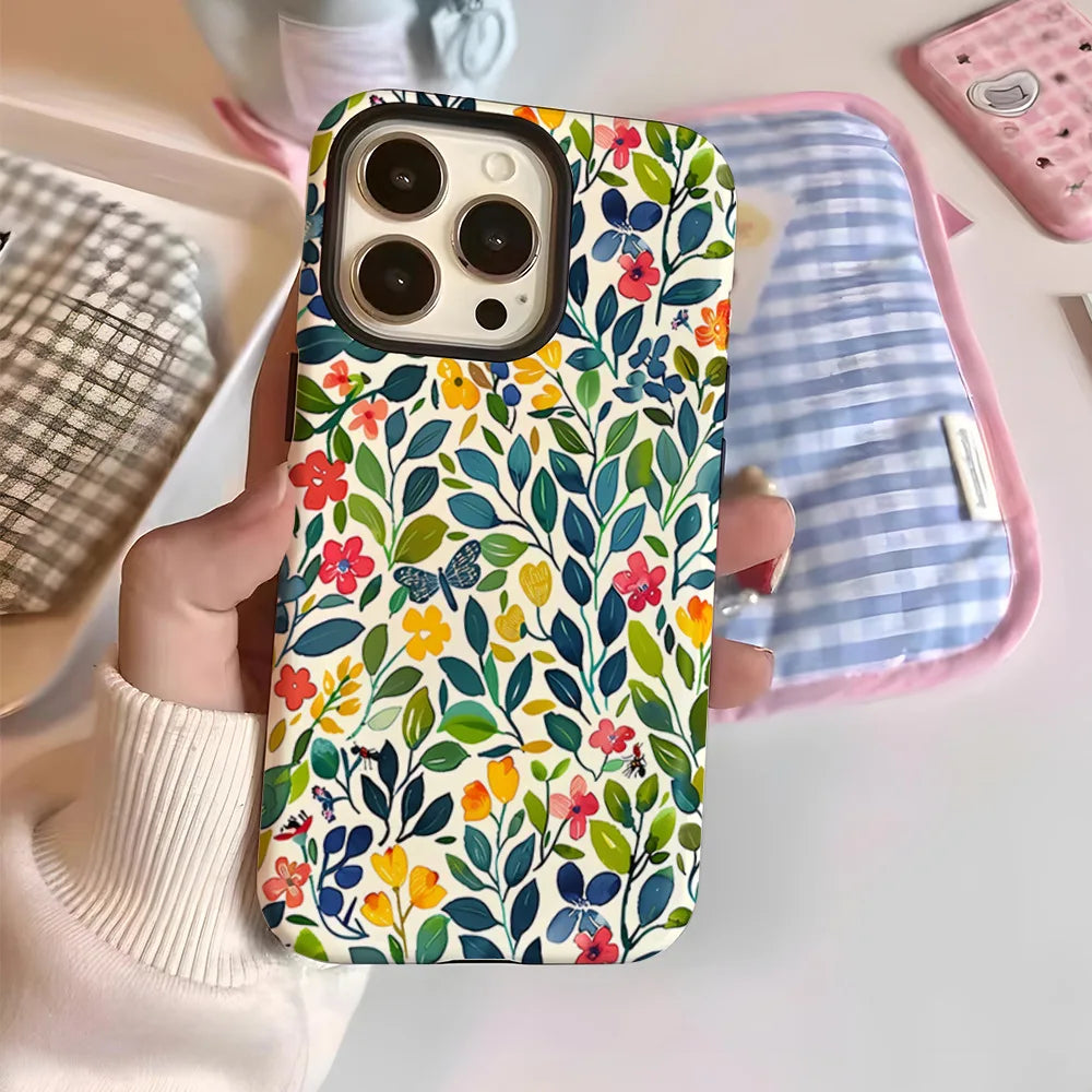 Flower Flora Green Leafs 2 in 1 Phone Case for iPhone 16 15 Pro Max 16 Plus Double Deck Shockproof Protective Cover