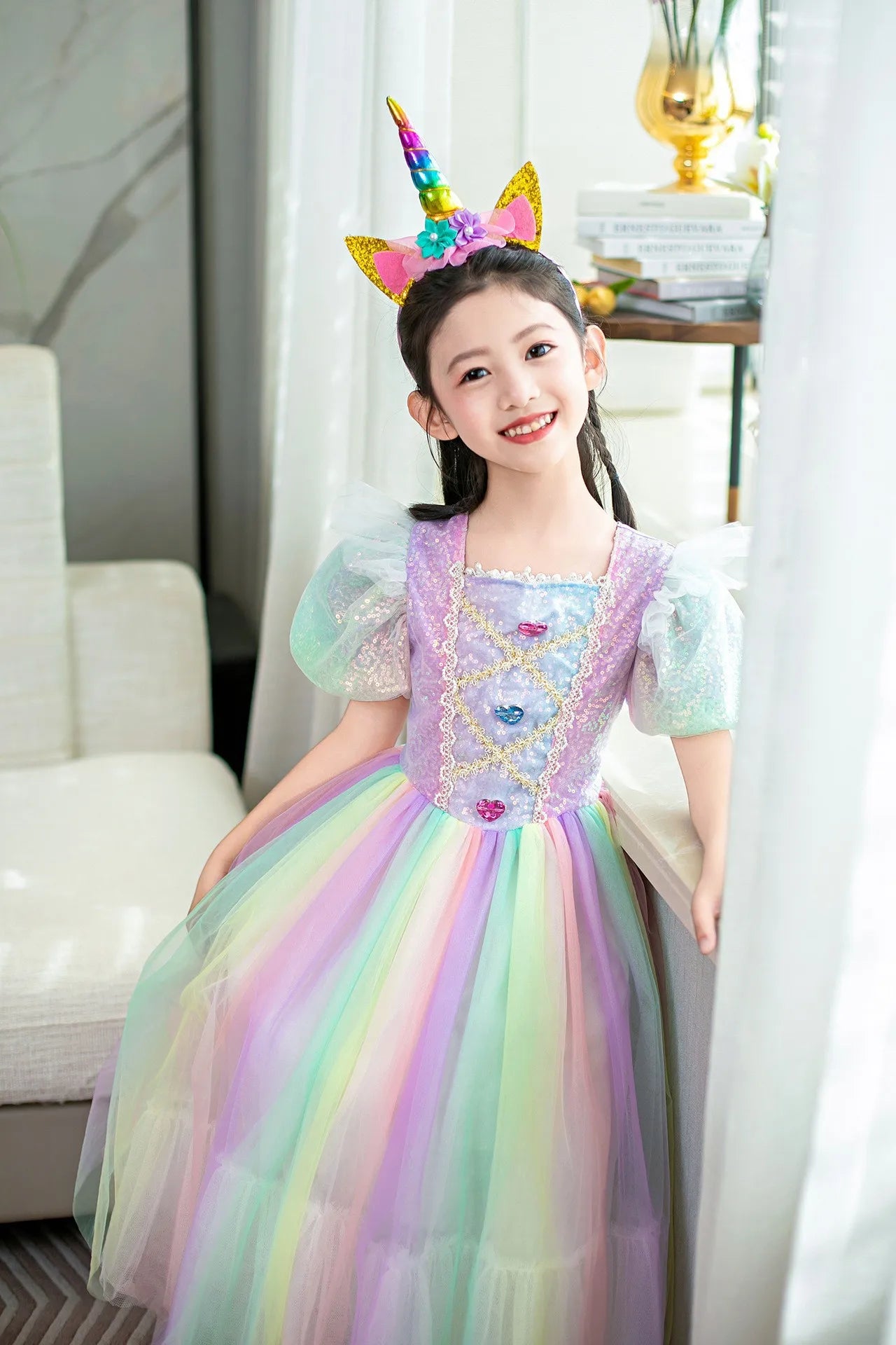 Rainbow Gradient Princess Ball Gown with Puff Bubble Sleeves