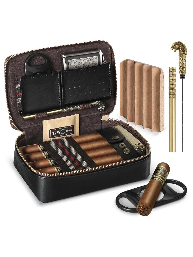 Cigar Humidor, Leather Travel Cigar Humidor, Include Cedar Wood Slot Tray, Cigar Draw Enhancer and Multifunction Cigar Cutter