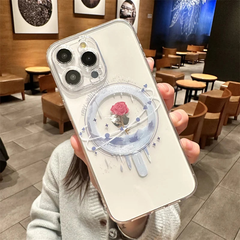 Magsafe  Transparent Cartoon Rose Flower Phone Case iPhone 16 15 14 Pro Max 16 Plus Wireless Charge Clear Funda