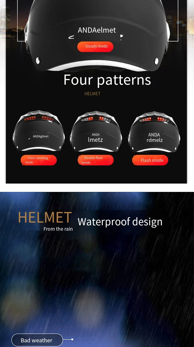 LED Motorcycle Half Helmet with Dual Visor Rechargeable Light