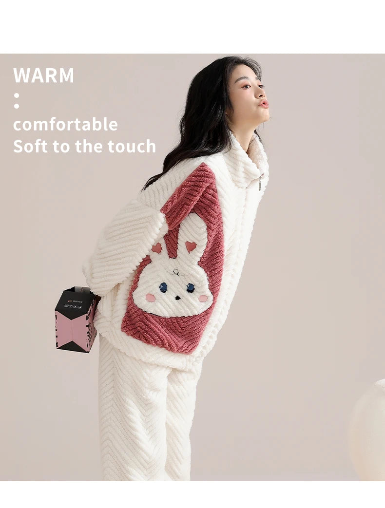 Women’s Winter Flannel Pajama Set – Warm Coral Fleece Loungewear with Cute Bunny Design