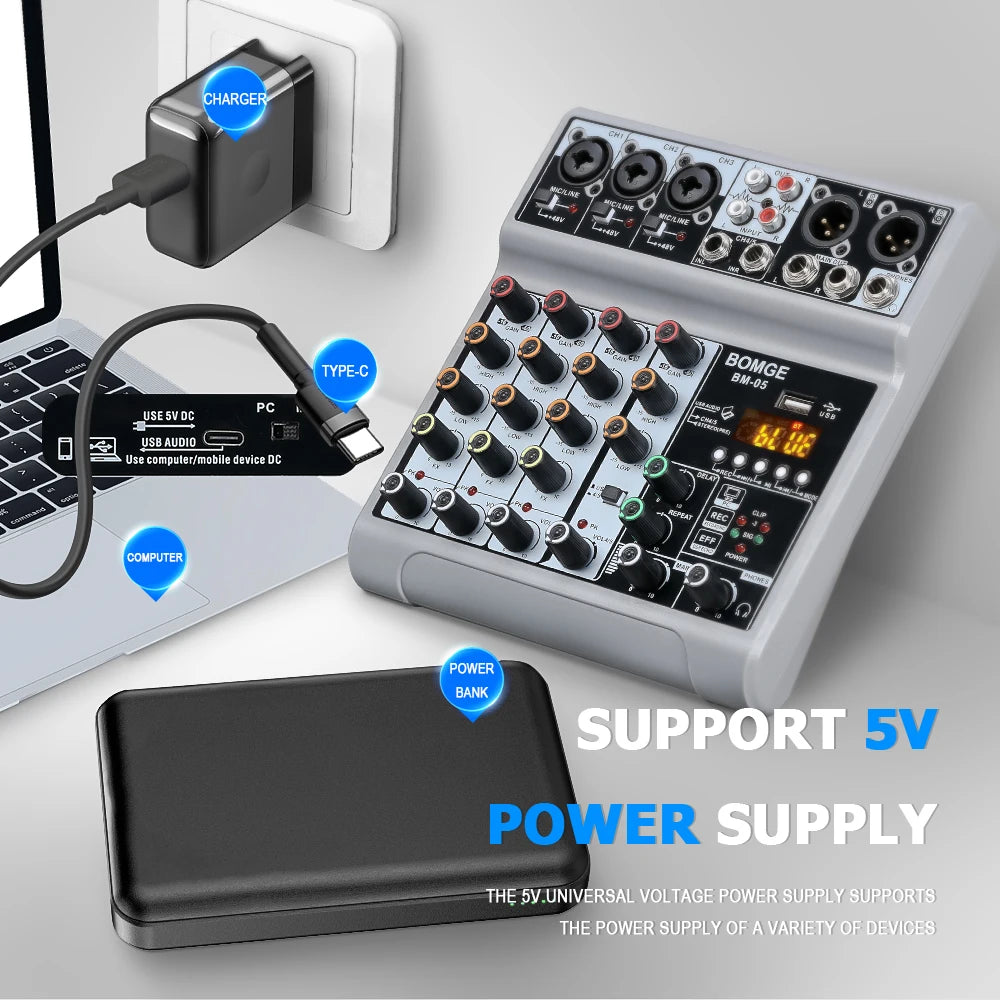 BM05 DJ Mixing Console with Bluetooth USB Audio Interface and 48V Phantom Power