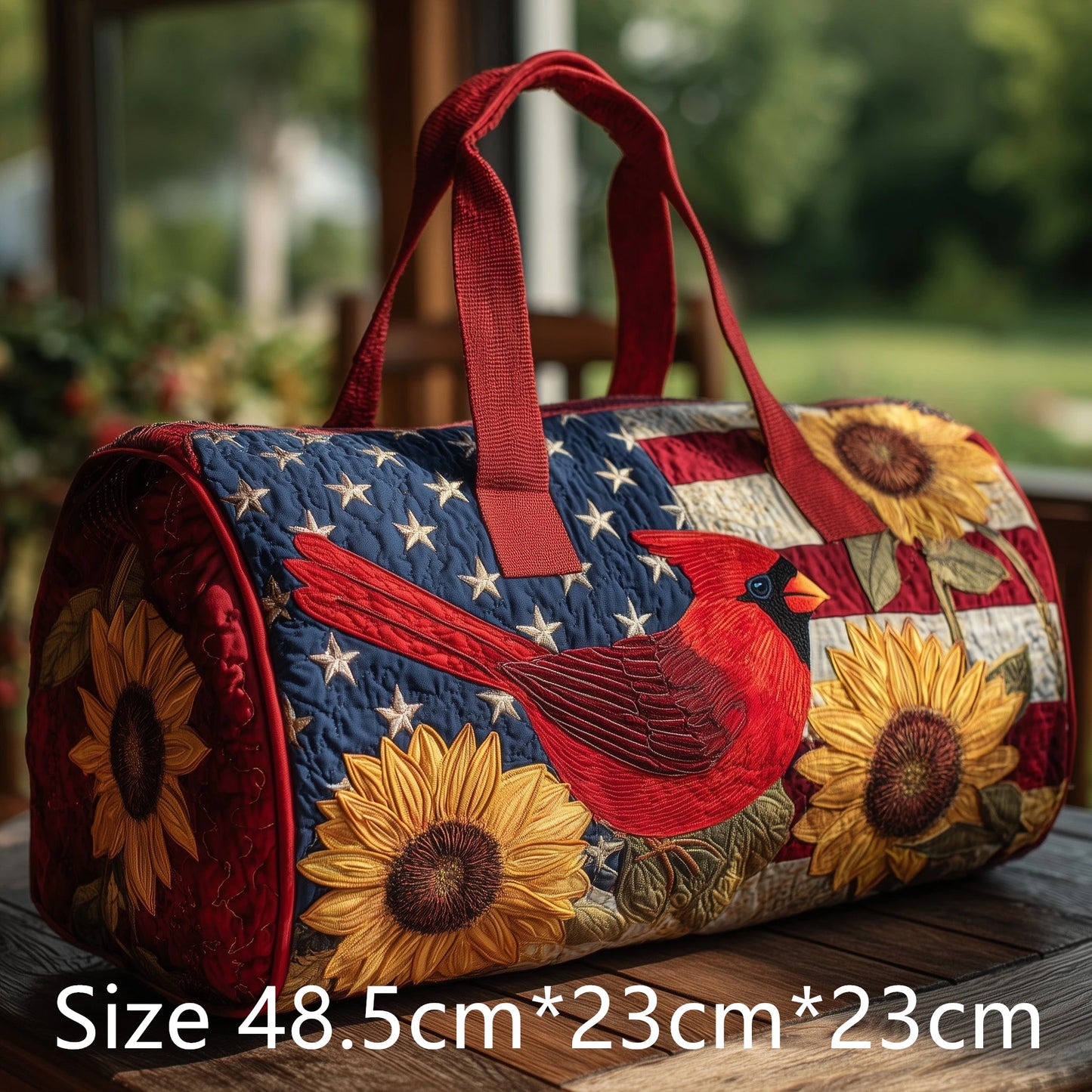 Women Vintage Patriotic Stars Stripes Quilted Duffel Bag Handmade 3D Rose Cardinals Print Weekender Bag Travel Gym Overnight Bag