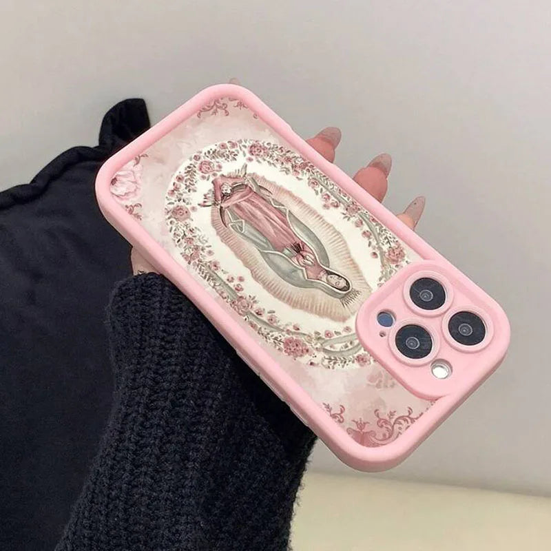 Phone Case for iPhone 16 15 14 Pink Portrait Pattern Silicone Shockproof Cover