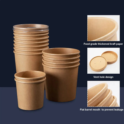 Cheapest Disposable Kraft Paper Bowl 500ml Round Salad Dessert Food Snack Ice Cream Takeaway Packaging Cup with Lids 10pcs