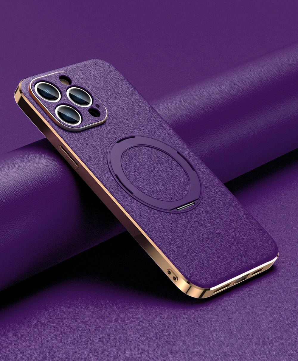 Leather for Magsafe Case for iPhone 16 15 14 Pro Max 16Pro Ring Luxury Lens Protection Holder Phone Back Cover