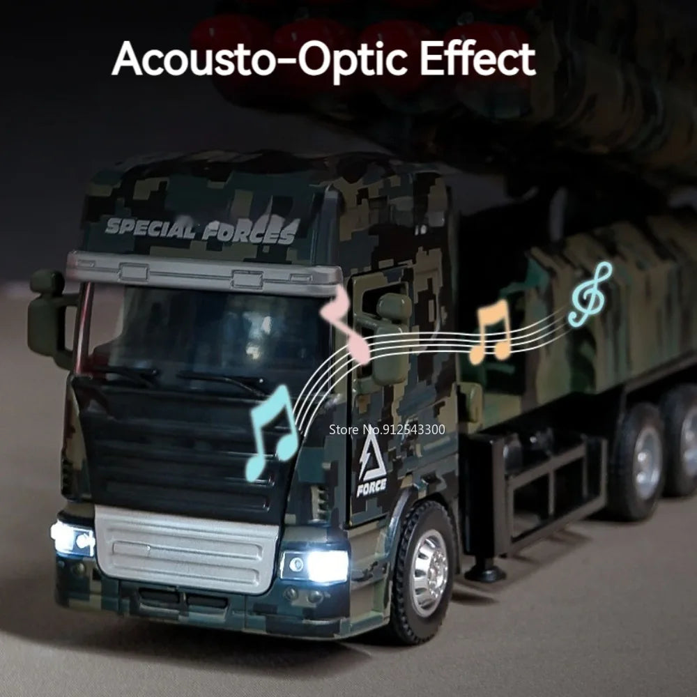 1/32 Missile Rocket Launcher Model Car Toy Metal Body Rubber Doors Opened Military Alloy Vehicle Models Ornaments Gifts for Boys