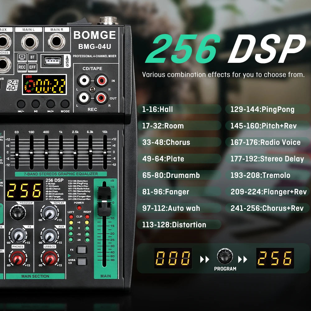 Compact Audio Mixer with 256 DSP Effects and 7 Band Master EQ