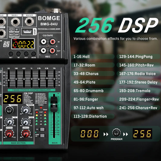 Compact Audio Mixer with 256 DSP Effects and 7 Band Master EQ