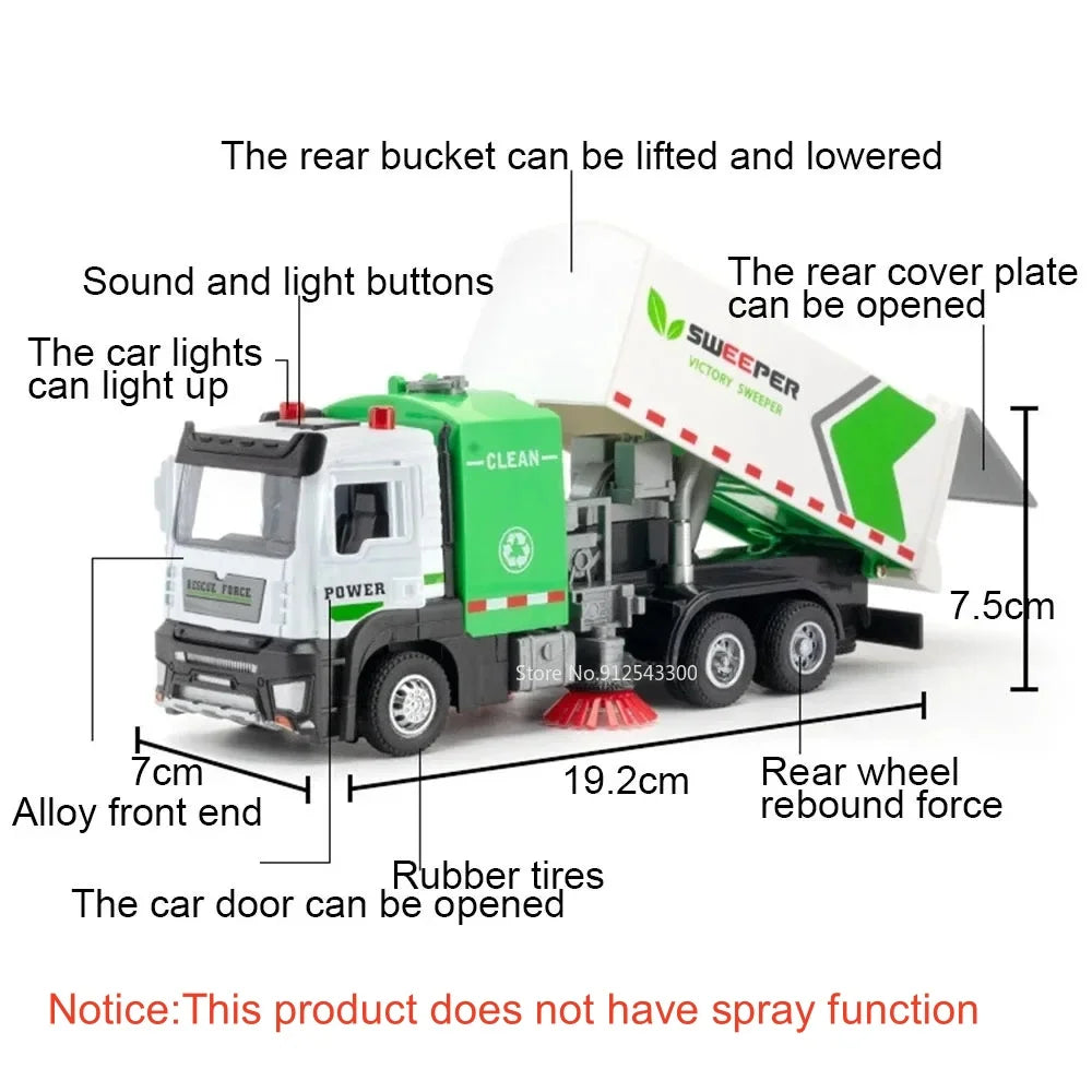 1:32 Water Spray Fog Fire Truck Model Sweeper Toy Car Sound Light Pull Back Doors Opened Vehicles Collection  Gifts