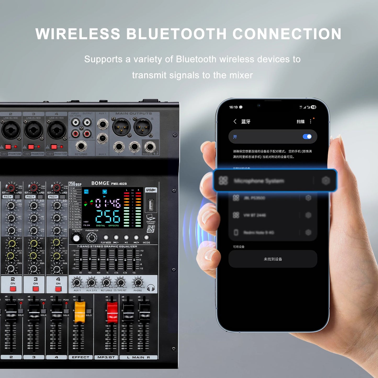 Professional 4 Channel Audio Mixer with Bluetooth and 256 Reverb Effects