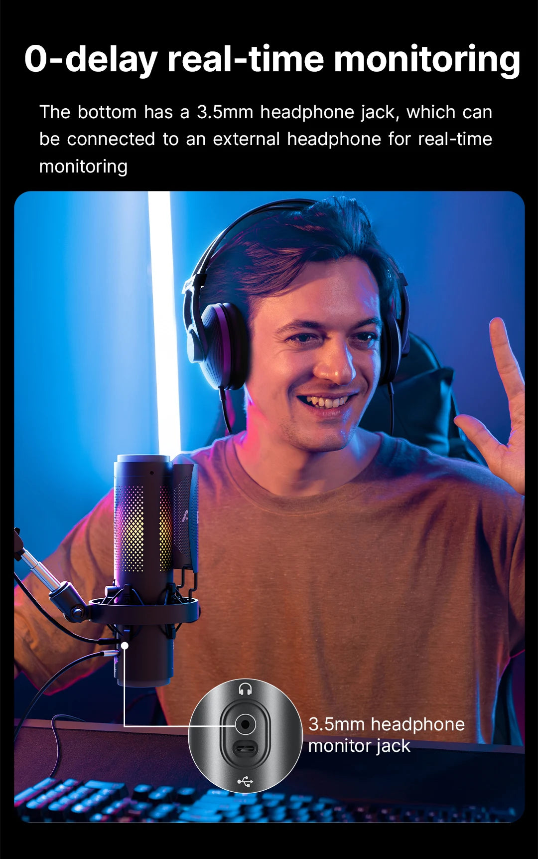 K9 USB Condenser Microphone with RGB Control/Headphone jack/Mute,MIC for PC PS4 PS5 Mac Gaming AmpliGame Youtueb Recording