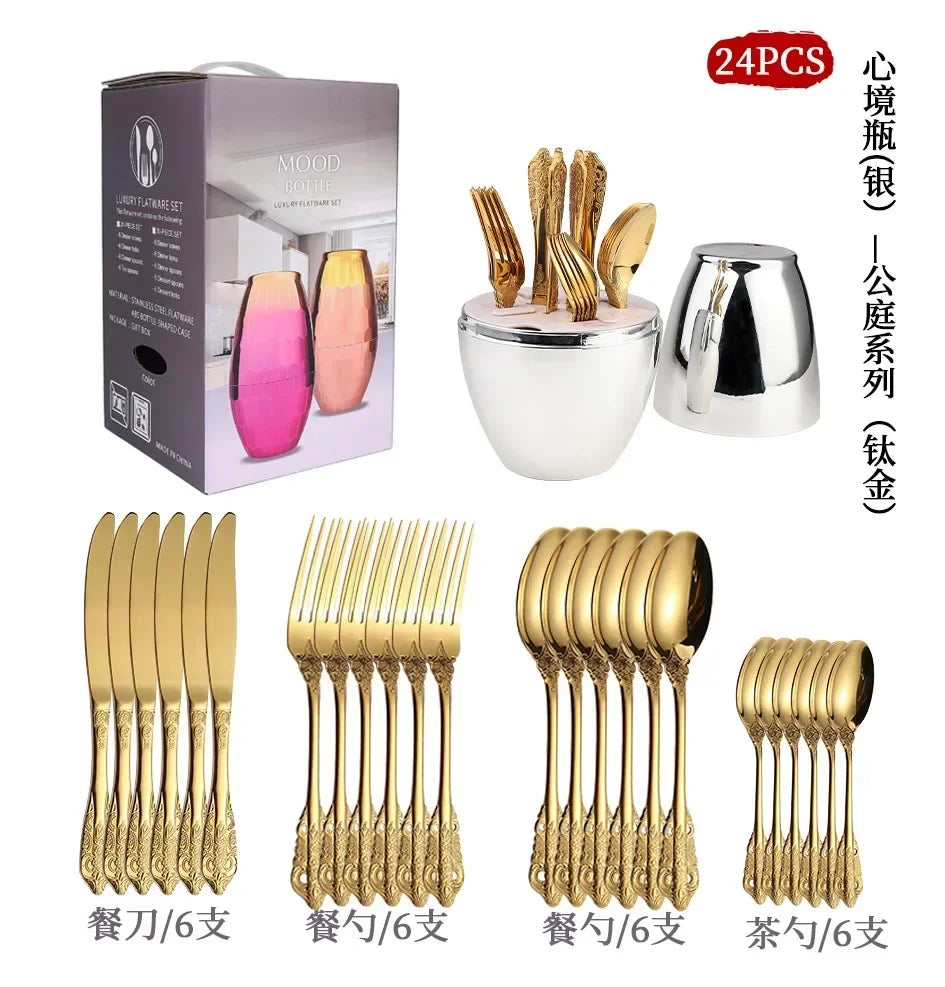 Luxury Spoon and Fork Set Stainless Steel Gold Cutlery Set Food Grade Upscale Royal Tableware European Steak Knife Kitchen Items