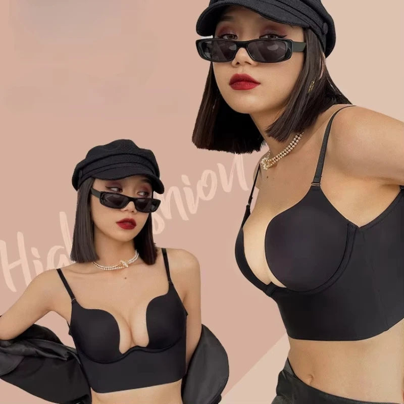 Womens Deep U Neck Seamless Underwire Push Up Bra