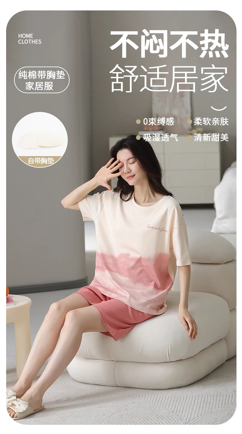 2-Pcs Women’s Cotton Pajama Set – Breathable Short Sleeve Summer Sleepwear with Cute Prints