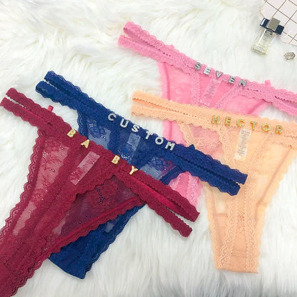 Custom Name Panties Crystal Letters Personalised Thongs Women Lace Bikini G-String