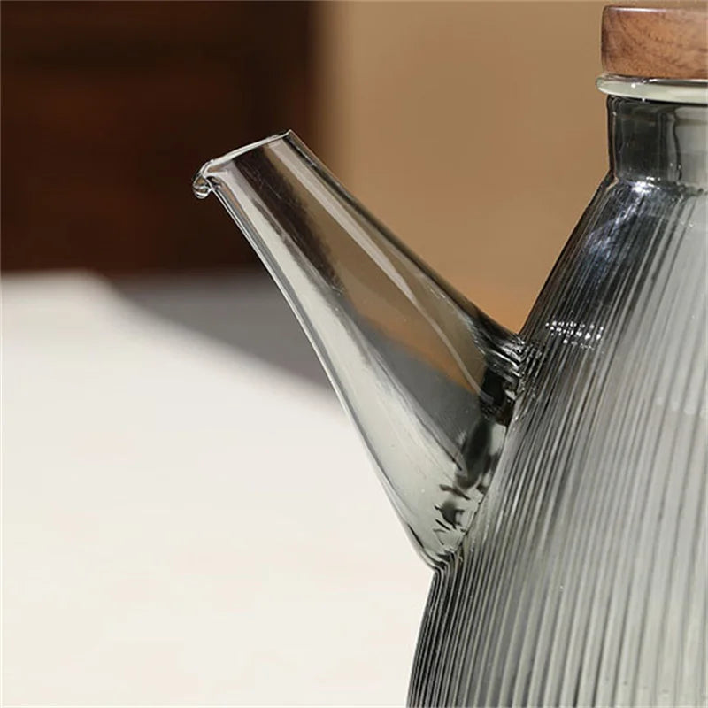Stripe High Borosilicate Glass Teapot  With Walnut Handle Cooking and Steaming Dual Purpose Glass Tea Pot Tea Kettle Teaware