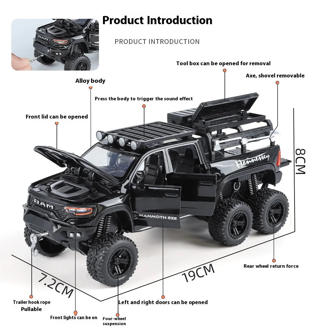 ﻿1:32 Dodge Tyrannosaurus Rex RAM 1500 TRX 6*6 Warlord Alloy Miniature Car Diecast Metal Scale Model Sound ＆ Light Toy Car