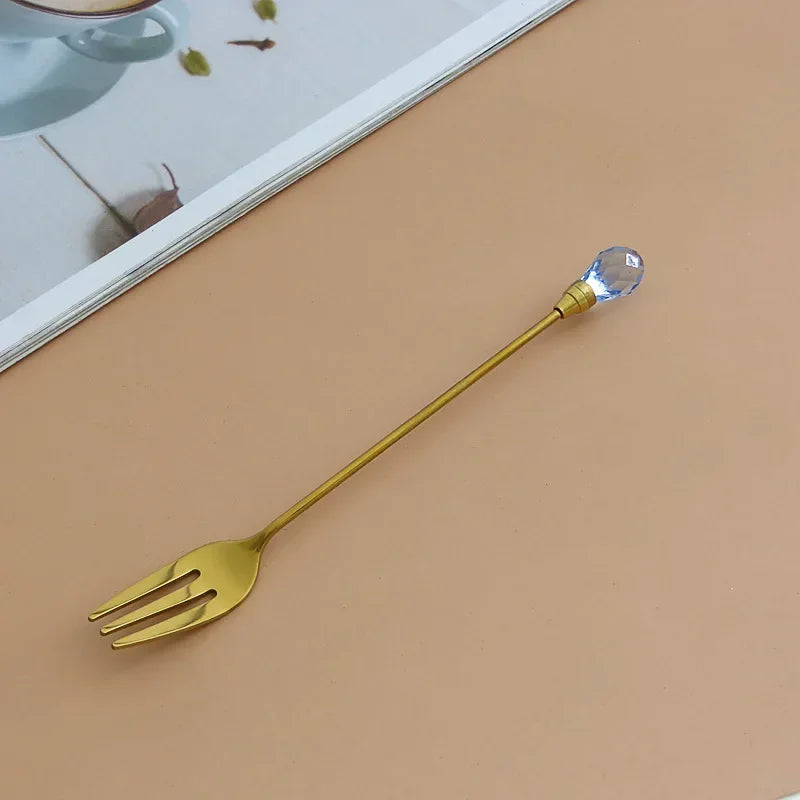 Stainless Steel Diamond Coffee Spoon and Fork Set Creative Crystal Long Handle, Perfect for Desserts, Ice Cream, Cake, and Fruit