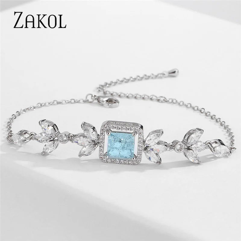 Green Popping Cubic Zirconia Leaf Bracelets for Women Shiny Blue Square Crystal Bangle