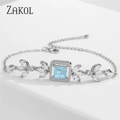 Green Popping Cubic Zirconia Leaf Bracelets for Women Shiny Blue Square Crystal Bangle