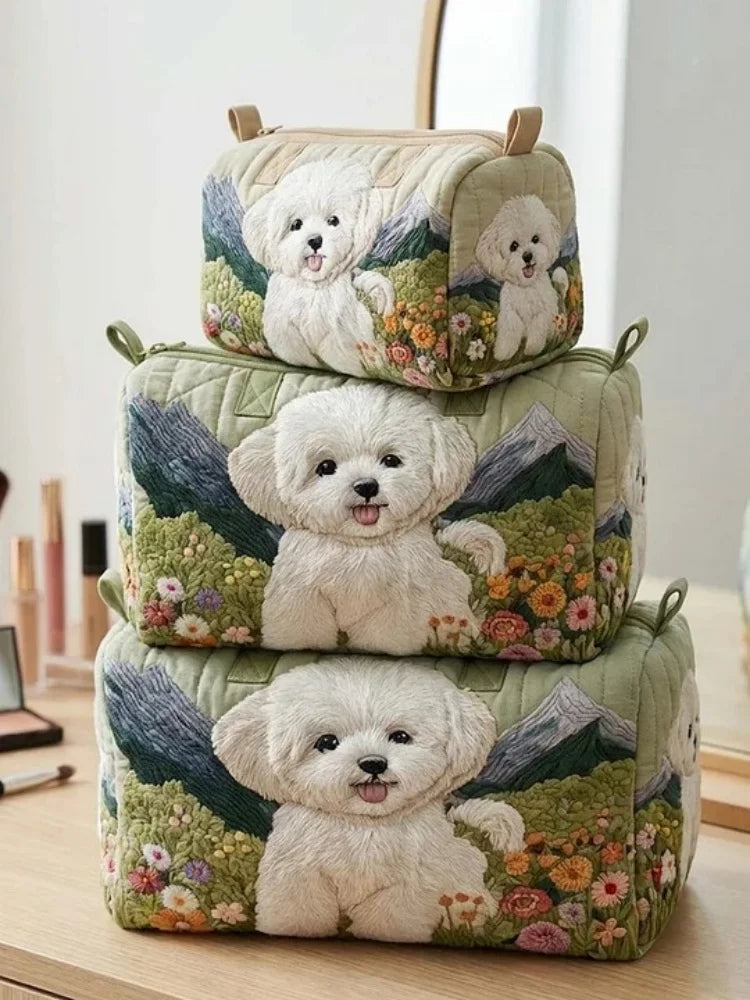 3-Size Quilted Cosmetic Bag 3D Printed Cute Animal Floral Printed Patchwork Makeup Toiletry Pouch Travel Organizer Storage Box