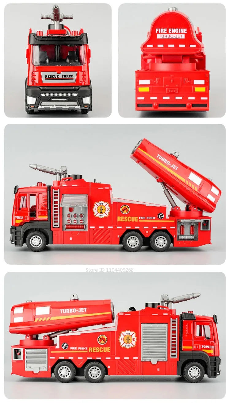 1:32 Water Spray Fog Fire Truck Model Sweeper Toy Car Sound Light Pull Back Doors Opened Vehicles Collection  Gifts