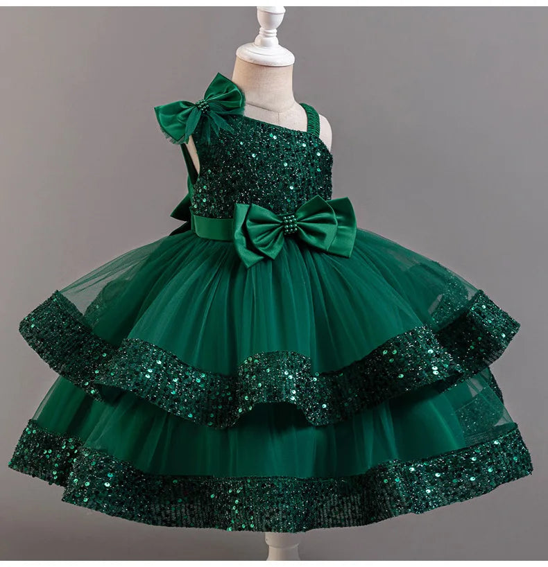 New Girls Sequin Tulle Cake Dress - Sparkling Layered Princess Gown for Baby‘s 1st Birthday & Banquet