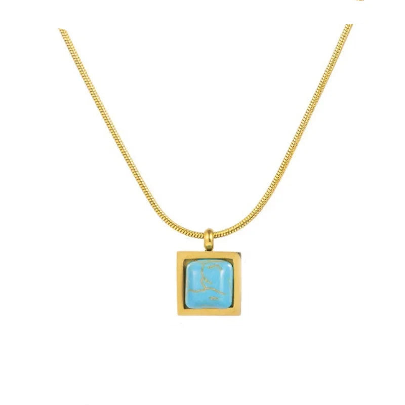 Retro Square Titanium Steel Turquoise Pendant Necklace For Women Girl Ethnic Style Personality Necklace 45 cm