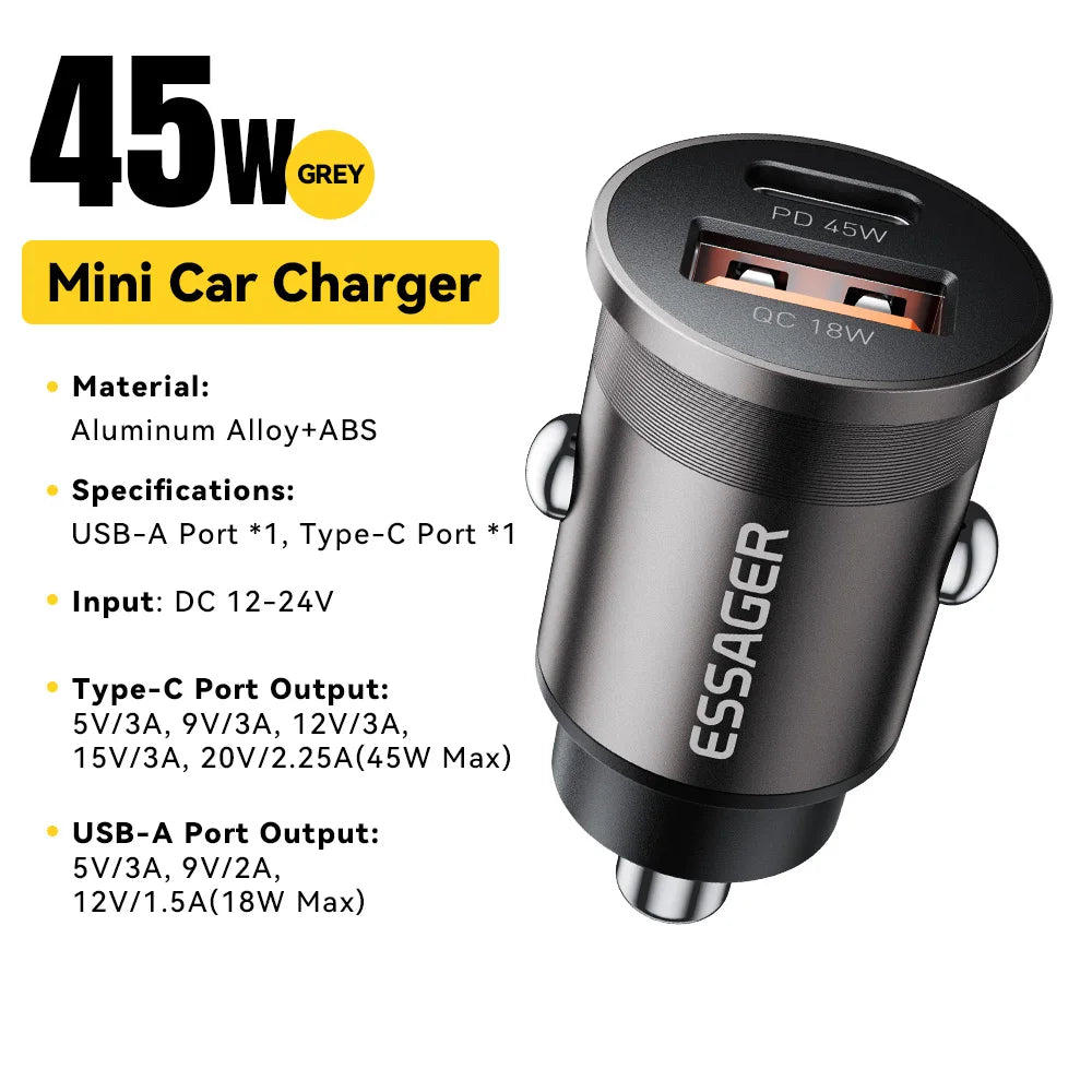45W Mini USB-C + USB Fast Car Charger (PD 3.0 + QC 3.0)