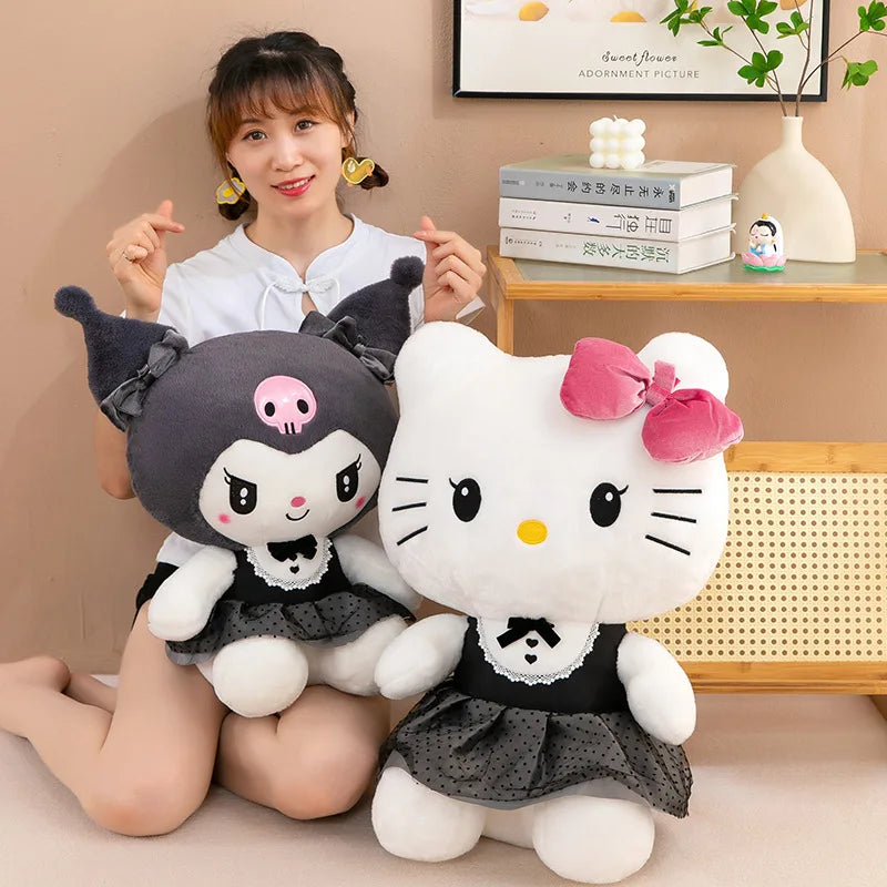 Kawaii Kuromi My Melody Plush Toy with Black Bow Skirt Cute Hello Kitty Stuffed Doll for Kids Birthday Xmas Gift Large Size Toy
