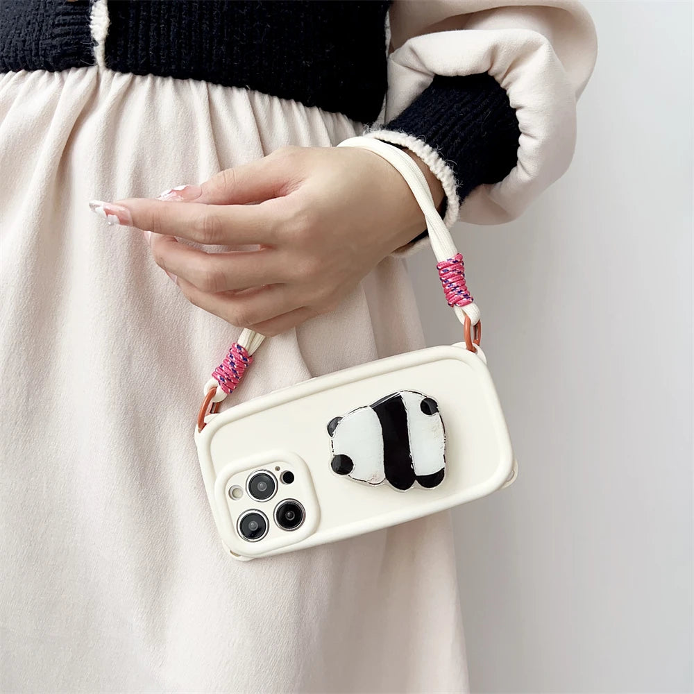 Cute 3D Cartoon Panda Grip Holder Lanyard Phone Case For iPhone 15 14 13 Pro Max Strap Lens Protection Silicon Soft Cover