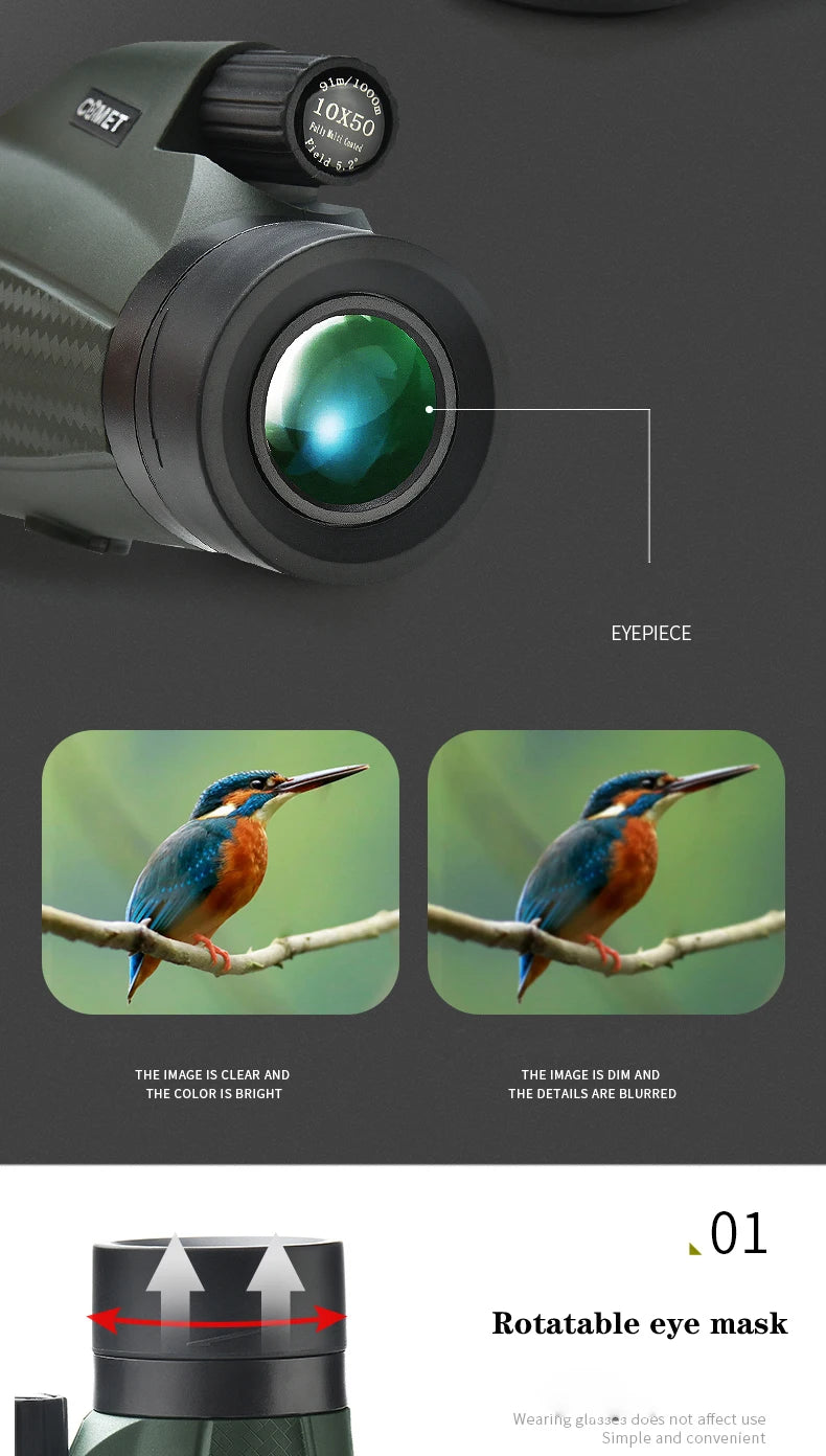 10X50 Monocular Telescope HD Professional With Anti Shake Wristband BAK4 Prism Scope Waterproof for BirdWatching Hiking