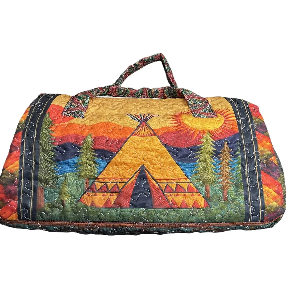 Handmade Quilted Travel Bag Vintage Artistic Camper Nature Duffle Bag Boho Weekender Tote for Men Women Camping Hiking Road Trip